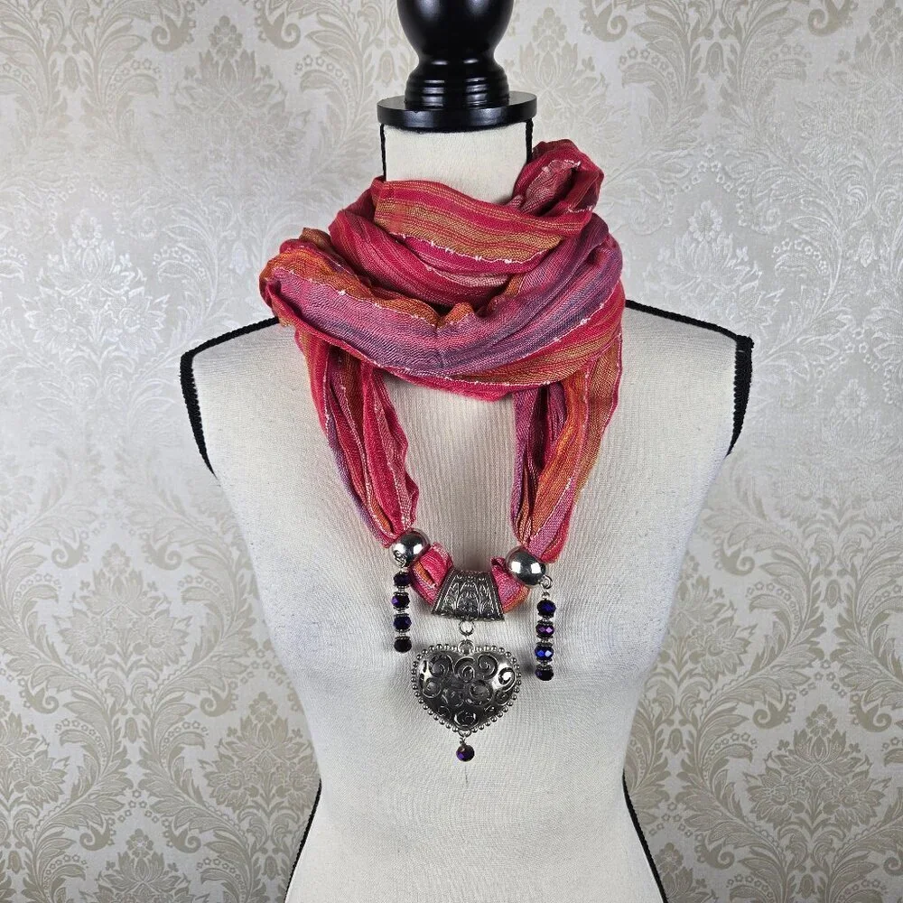 Pink Orange Striped Infiniti Style Versatile Scarf Silver/Purple Beaded Jewelry